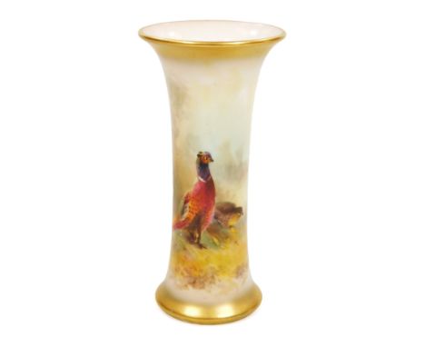 A Royal Worcester trumpet shaped vase, decorated by James Stinton, painted with cock pheasant, signed JAS Stinton, shape G923