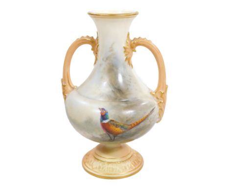 A Royal Worcester two handled vase, decorated by James Stinton, painted with a cock pheasant, signed JAS Stinton, puce marked