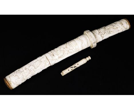 A late 19th/early 20thC bone Japanese tanto dagger with scabbard, with plain blade heavily carved with figures, with compress