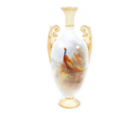 A Royal Worcester vase, decorated by James Stinton, with pheasants in an autumnal setting, with compressed trumpet stem, scro