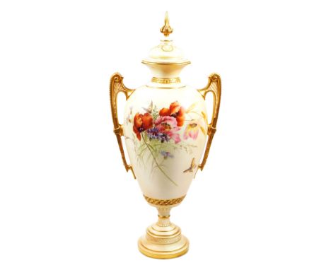 A Royal Worcester blush ivory centre vase and cover, decorated by Edward Raby, c.1892, shape code 1481, and a flower group of