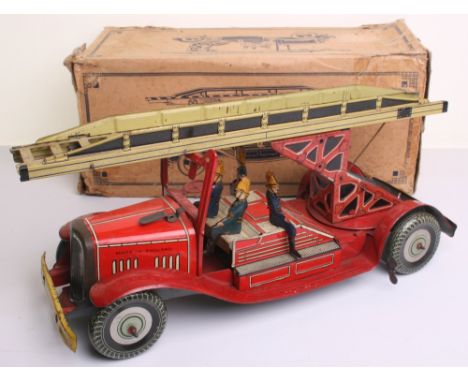 Mettoy Tinplate Fire Engine, with escape ladder, working clockwork motor, red lithographed tinplate body, four firemen, grey 