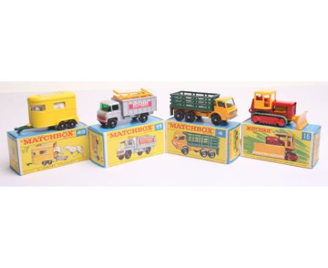 Four Matchbox Lesney  Regular Wheels,4d Dodge Stake Truck, yellow cab/chassis, black plastic wheels, in ‘F’ type box,11d Merc