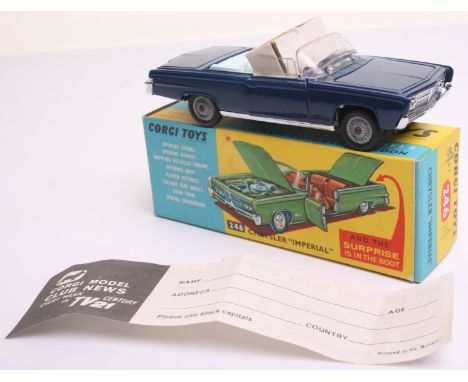 Rare Corgi Toys 246 Chrysler Imperial ‘Metallic Kingfisher blue body’ pale blue interior, cast wheel hubs, two figures, golf 