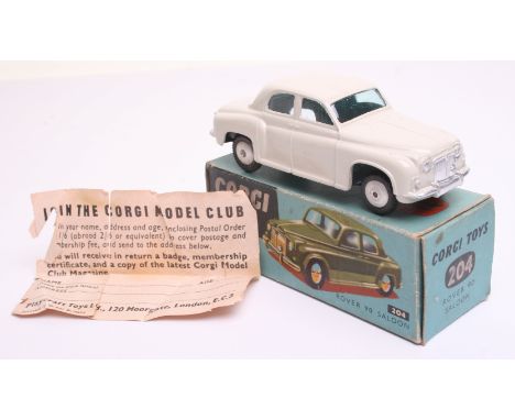 Corgi Toys 204 Rover 90 Saloon Car, pale grey body, flat spun wheels, in near mint condition, with a good original box (grubb