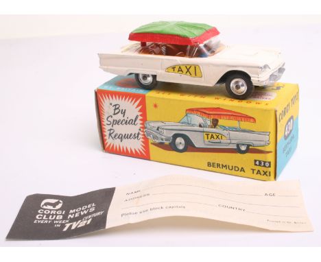 Corgi Toys 430 Ford Thunderbird Bermuda Taxi, white body ’Taxi’ labels, spun wheel hubs, driver, red/green canopy, in near mi