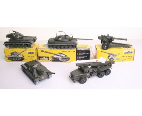 *Solido Military Tanks and Cannon, boxed 202 Patton M-47 tank, 209 Char AMX 30 tank, 205 105mm Cannon, all good condition, bo