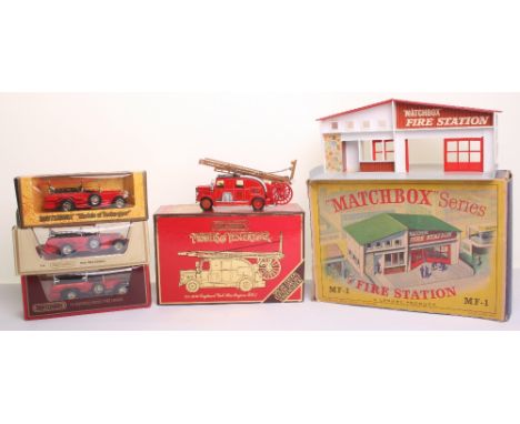 Matchbox MF-1 Fire Station, plastic building,red roof, in fair condition, with a poor to fair box, 3 x Y-6 Models of Yesterye