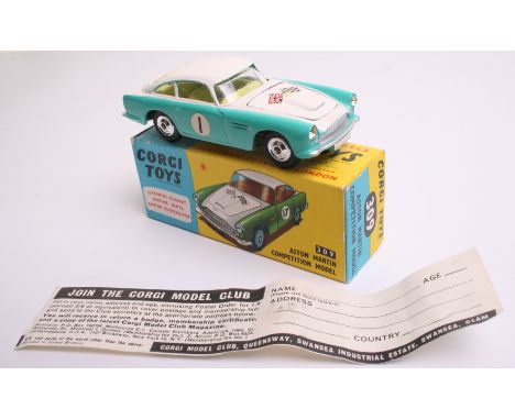 Corgi Toys 309 Aston Martin D.B.4 Competition, white/turquoise body, lemon interior, spun wheel hubs, racing number 1, Union 