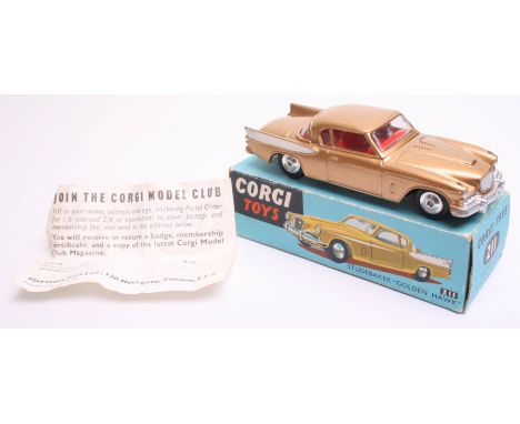 Corgi Toys 211S Studebaker “Golden Hawk” gold body/white trim, spun wheels, in near mint condition with a very good early blu