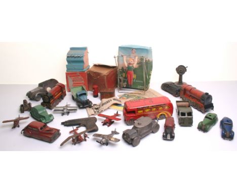 Collection of various playworn tinplate and other toys, including Schuco type streamline car and Police Siren cars, two Schuc