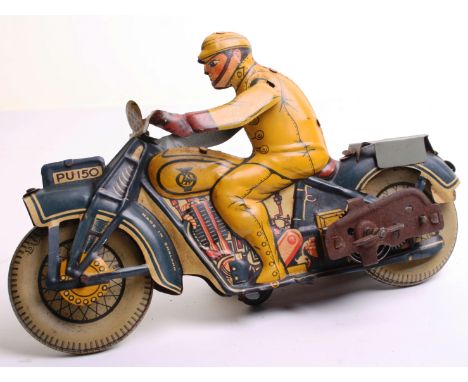 Tinplate c/w AA patrol man on motorbike, number plate PU150, Made in England, blue motorbike with embossed engine details, ye