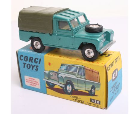 Corgi Toys 438 Land Rover 109 WB, metallic green, olive green plastic canopy,lemon interior, grey plastic tow hook, spun whee