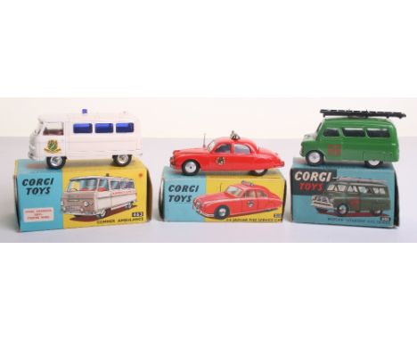 Three Corgi Toys Emergency Vehicles 213 2.4 Jaguar Fire Service Car, red body, flat spun wheels, coat of arms decals to doors