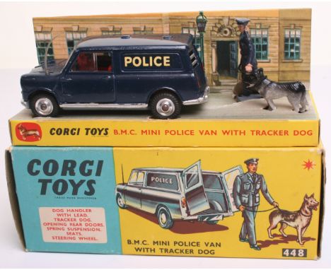 Corgi Toys 448 B.M.C. Mini Police Van with tracker Dog, dark blue body,spun wheel hubs, complete with policeman and tracker d