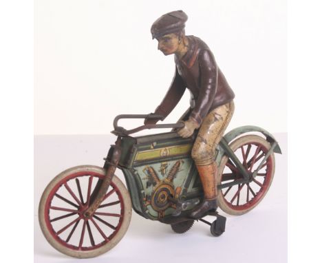 A scarce H.Kienberger tinplate c/w motorcyclist, German circa 1920, bike lithographed in various colours with embossed detail