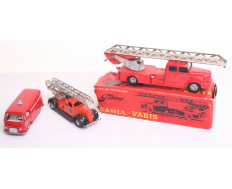 Three Tekno Fire Appliances, 422TurntableFire Engine, orange body, black chassis, silver ladder/wheel hubs “ZR” door decals, 