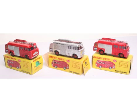 Three Dinky Toys 259 Fire Engines, two havered bodies, red plastic wheel hubs, silver ladder ‘Fire Brigade’ decals,, shutters