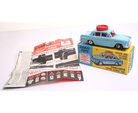 Corgi Toys 236 Austin A60 De Luxe Saloon ‘Corgi’ Motor School Car light blue body,red interior, spun wheel hubs, in mint cond