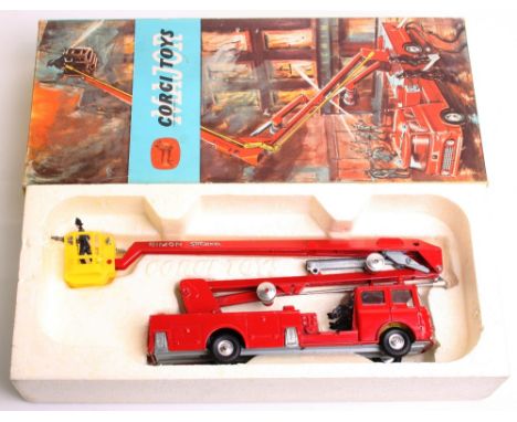 Corgi Major Toys 1127 Bedford Simon Snorkel Fire Engine, red/silver body, yellow plastic cage, fireman figures, spun wheel hu