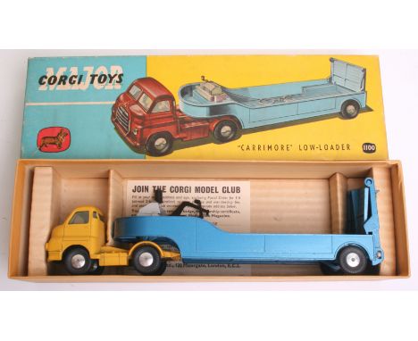 Corgi Major Toys 1100 Bedford “ Carrimore” Low-Loader, yellow cab, metallic dark blue trailer, ‘Corgi’ decal  on rear of trai