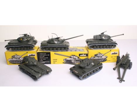 *Solido Military Tanks and Cannon, boxed 2 x 202 Patton M-47 tanks, 209 Char AMX 30 tank, good condition both 202 tanks lack 