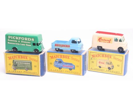 Three Matchbox Lesney  Regular Wheels, 46b Pickford Removals Van, green body, 3 line decals, black plastic wheels, in near mi