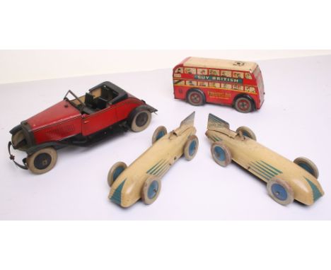 Pair of Chad Valley tinplate c/w racing cars, 1950s, both finished in cream with blue detailing, 7 ¾” (19.5cm) long, together