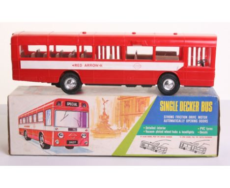 NFIC  (Hong Kong)"Single Decker Bus" friction drive plastic copy of Dinky Red Arrow AEC Merlin bus, brown interior, opening f