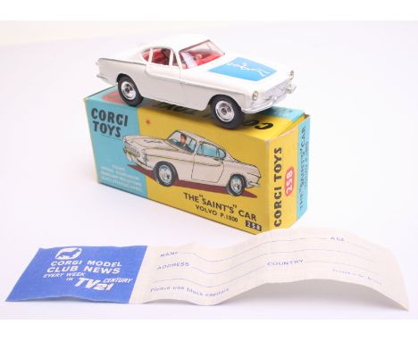 Corgi Toys 258  The “Saints” Volvo P.1800,white body, red interior, shaped spun wheel hubs, blue bonnet label,in mint conditi