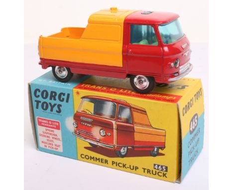 Corgi Toys 465 Commer  Pick Up Truck, red cab/chassis, orangy yellow back, yellow interior, spun shaped wheel hubs, in near m