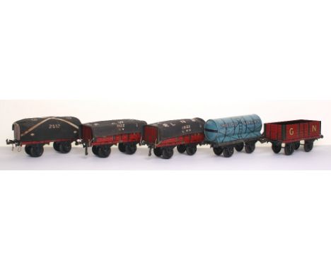 * Bing gauge I Shield & Brown tank wagon and four open wagons, Shield & Brown of Glasgow, lithographed details, light blue li