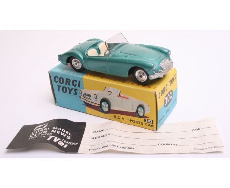 Scarce Corgi Toys 302  M.G.A.  Sports Car, metallic green body, cream seats, scarce shaped spun wheel hubs, in mint condition