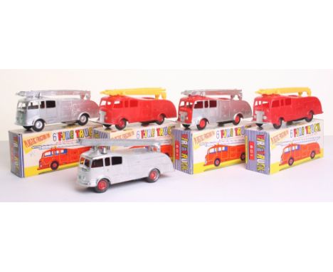 Five (Hong Kong) Plastic Fire Engines, copy of Dinky Toys Commer Fire Engine, withworking friction motors, sirens and extendi