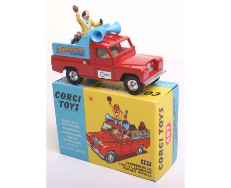 Corgi Toys 487 Chipperfields Circus Landrover Parade Vehicle, red body, yellow interior, blue plastic rear body, shaped spun 