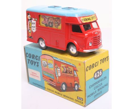 Corgi Toys 426 Chipperfields Circus Mobile Booking Office, red body, light blue roof,flat spun wheels, in near mint condition