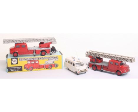 Three Siku Emergency Appliances, V261 Mercedes Benz Metz DL 30h Fire Engine, red/silver body, light grey metal/plastic ladder