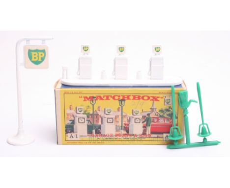 Matchbox A-1 BP Garage Pumps and Sign, complete with plastic pump operator and two lamps still on sprue, in near mint boxed c