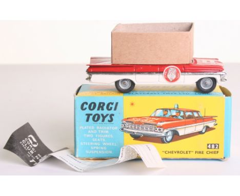 Corgi Toys 482 “Chevrolet” Fire Chief Car, red/white body, plated trim, lemon interior, blue light, round paper door decals, 