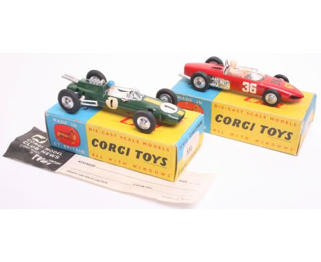 Two Corgi Toys Racing Cars,155 Lotus Climax F1 Jim Clarkes Racing car, green body no’1’ with spun wheels in scarce late issue