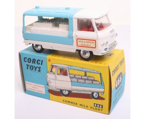 Corgi Toys 466 Commer  Milk Float, white cab/chassis, pale blue back, red interior “Millards Dairy” transfer decals to doors,