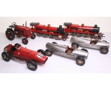 Six Contempory Made Tinplate Vehicles/Trains,  3 x Racing Cars, 1 x Tractor and 2 x Express Trains, all in excellent conditio
