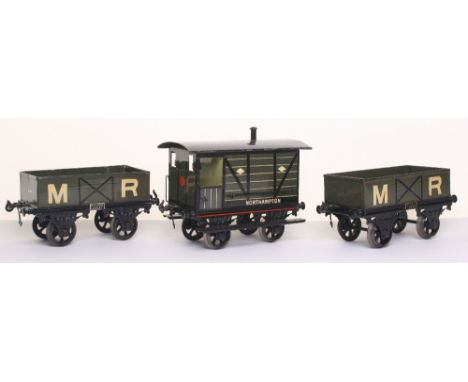 * Gauge III hand painted Guards van and two Open wagons, probably Bing circa 1900, Northampton Guards van with hinged doors, 