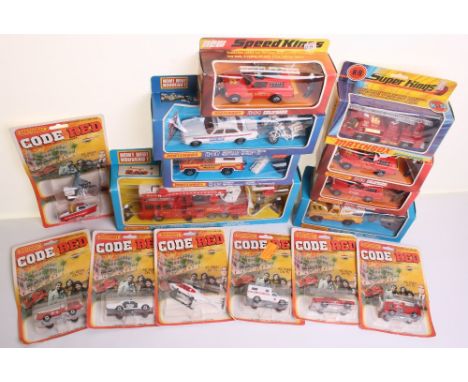 Eight Matchbox Superkings Emergency Vehicles,K-9 Fire Tender,  K-39 Snorkel Fire Engine,3 x K-64 Fire Control Range Rover,  K