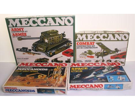 Six themed Meccano construction sets, 1978, Army set, Combat set, Highway set, motorised Crane set, motorised Meccanoids from