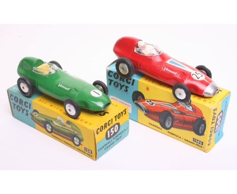 Two Corgi Toys Racing Cars,150  Vanwall Formula 1 Grand Prix Racing Car, 1st issue, green body, cream seat,no’1’  flat spun w