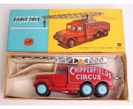 Corgi Major Toys 1121 Chipperfields Circus Crane Truck, red/blue body, silver jib  in near mint condition, with all inner car