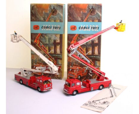 Two Corgi Major Toys 1127 Bedford Simon Snorkel Fire Engine, red/silver body, yellow plastic cage, fireman figures, spun whee