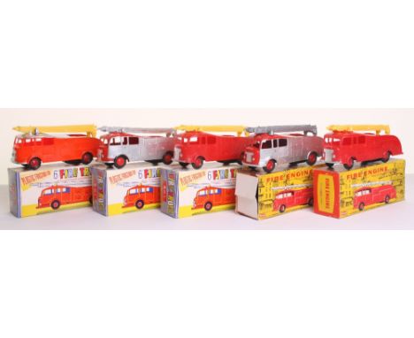 Five (Hong Kong) Plastic Fire Engines, copy of Dinky Toys Commer Fire Engine, withworking friction motors, sirens and extendi