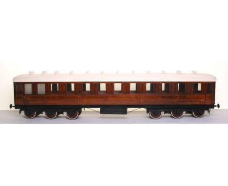 * 3 ¼” gauge wooden model E.C.J.S Sleeping Carriage, late 19th early 20th century, with cast iron sprung bogie wheels, carria